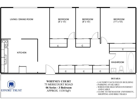 Floor plan for 2 beds, 1 bath, 1130 sqft